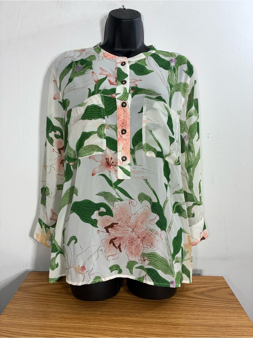 Ann Taylor Floral Button Henley Blouse Semi Sheer